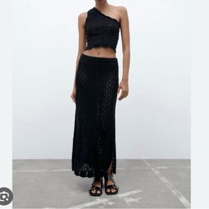 Zara black knit co ord top and skirt size small crochet knit